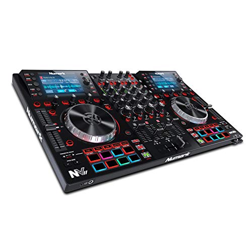 Numark NV II | Four Deck DJ Controller for Serato DJ (Included) With Dual High Resolution Displays, 16 Performance Pads and 5-Inch Metal Platters